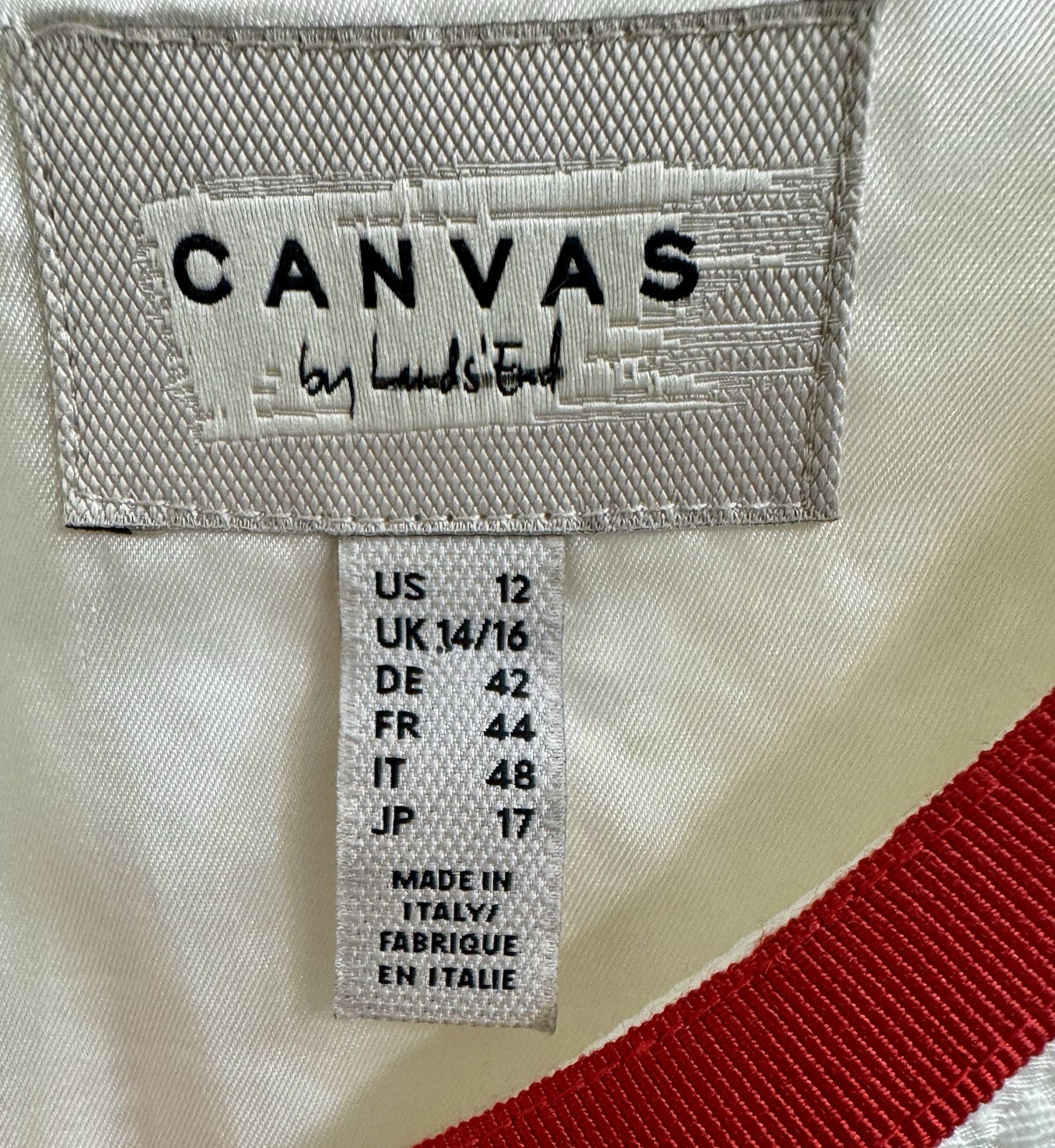 LANDS’ END/CANVAS 12 White Sleeveless Dress Red & Black Ribbon Trim Italy Made