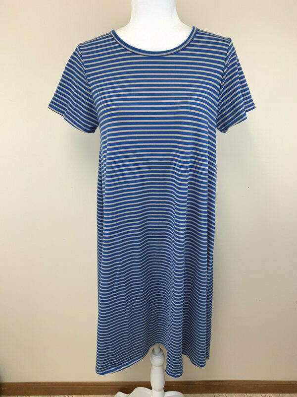 Lularoe M Carly Dress Blue Tan Thin Stripe No Pocket Medium Womens