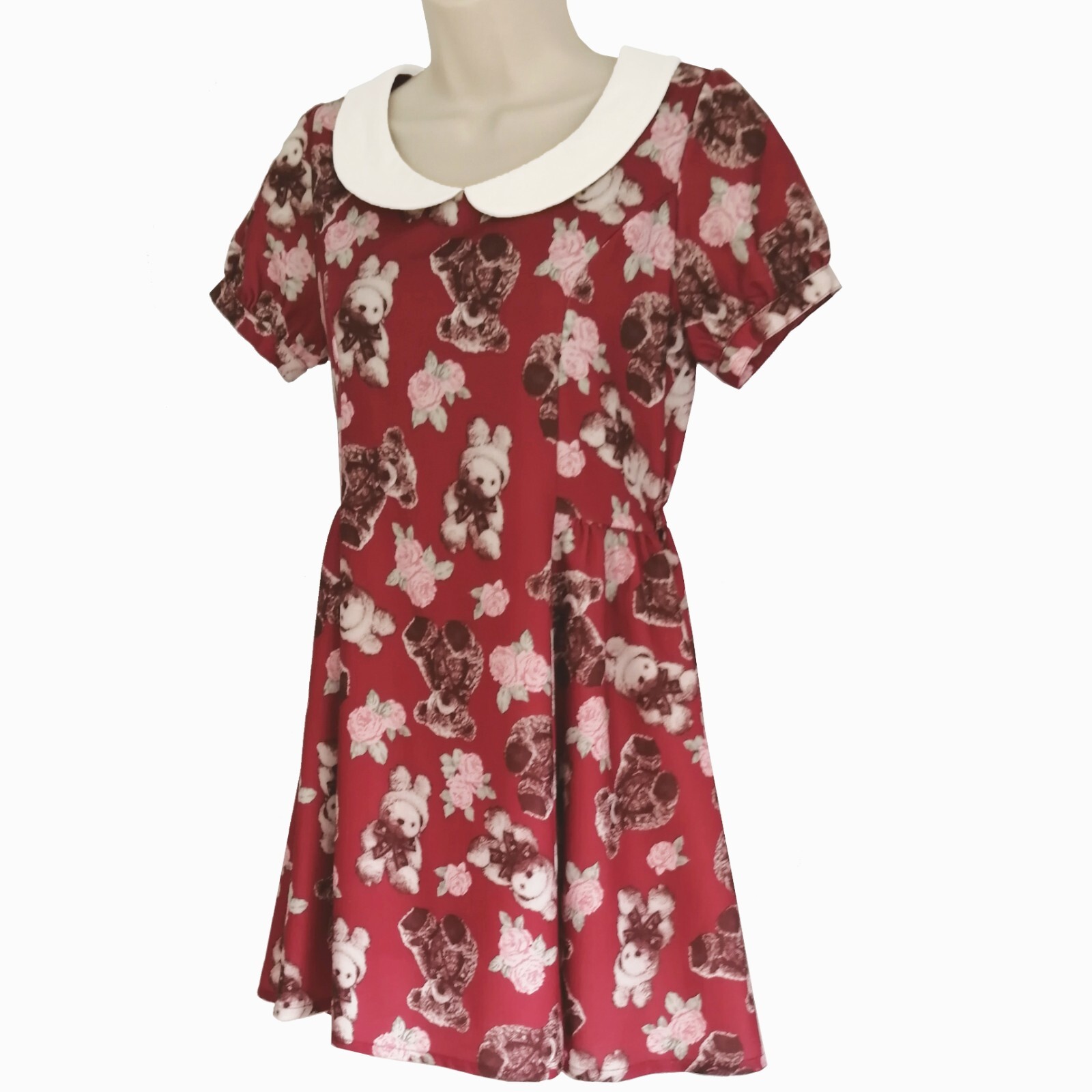 Japanese Teddy Bear Bunnies Roses Print Deep Red Sweet Lolita Dress S