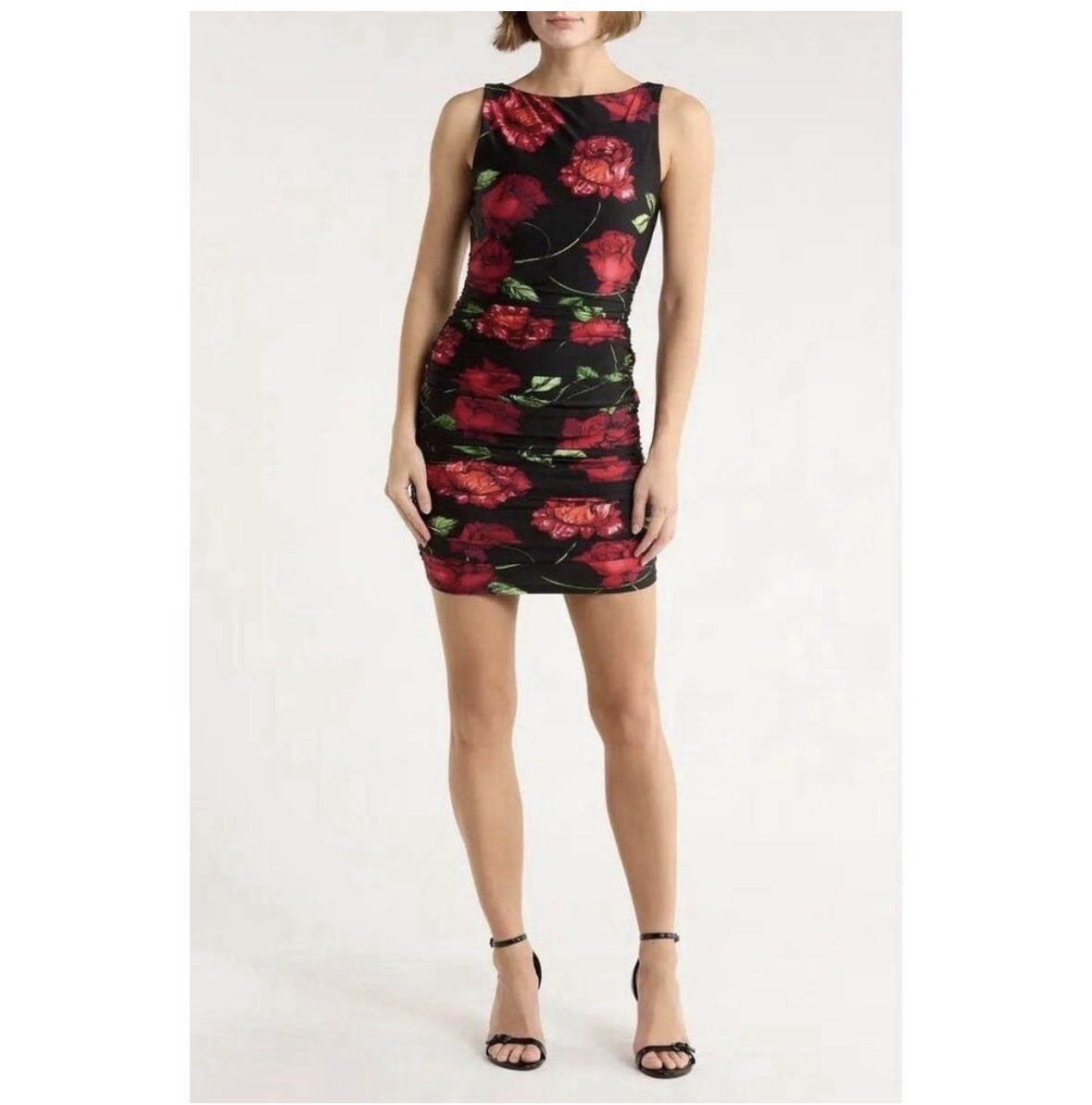 AFRM Dark Floral Ruched Mini Dress Black Red Rose Sleeveless Bodycon Size S