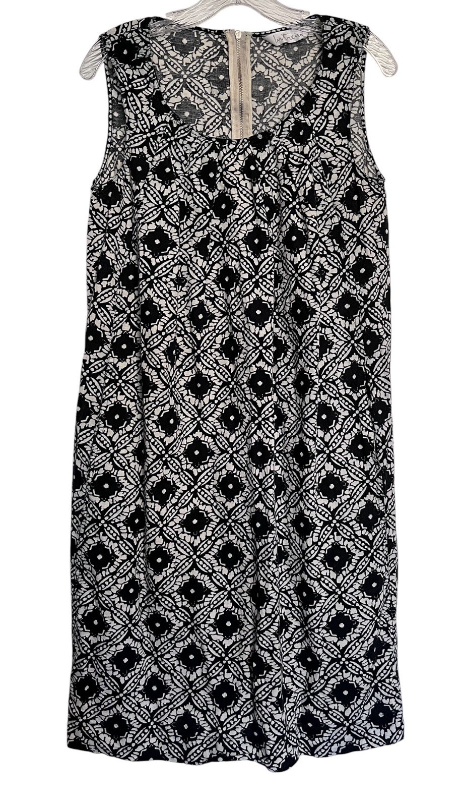 INTREND Sz 8 Tank Dress Linen Blend Batik Black Cream European Midi Shift Boho