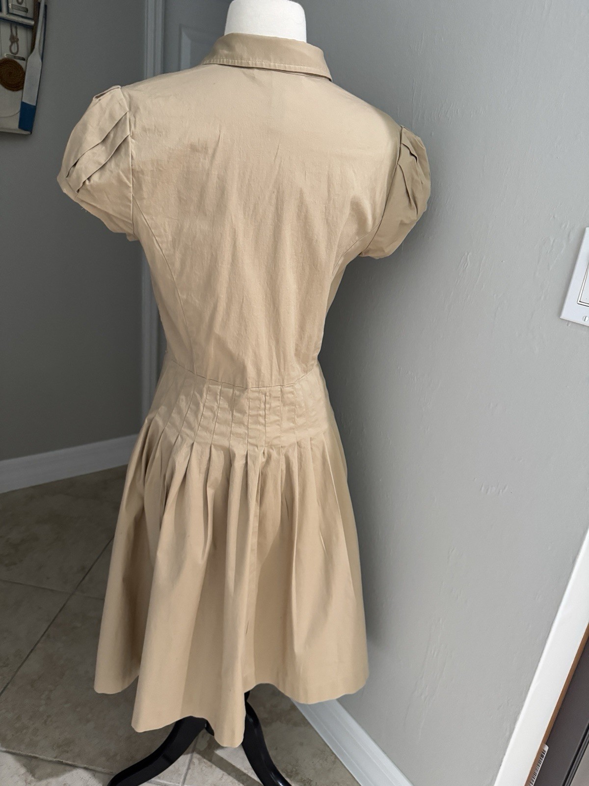 Sz 8 LAUREN Ralph Lauren Khaki Short Babydoll Sleeve Button-Front Swing Dress