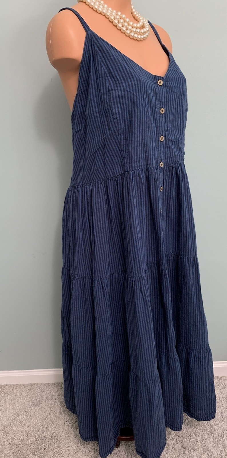 Vtg Falls Creek Linen Cotton Dress Blue Stripe Tiered Smocked Midi Womens 3X