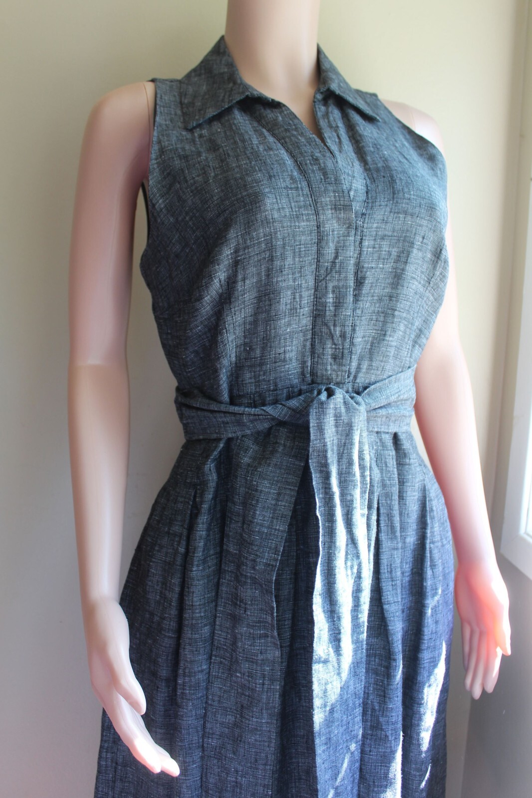 Carole Little 6 S Fit Flare Dress Gray Linen Retro 50s Sleeveless Tie Waist