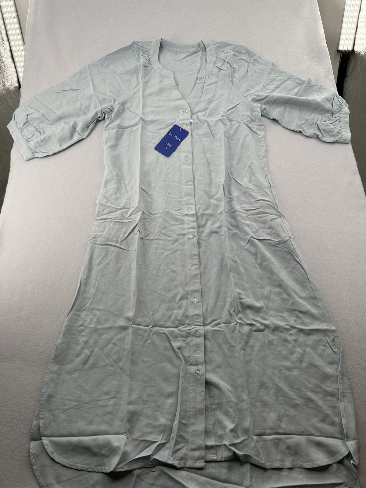 ChouYatou Women’s Light Blue Linen Blend Shirt Dress Button Front XS NWT