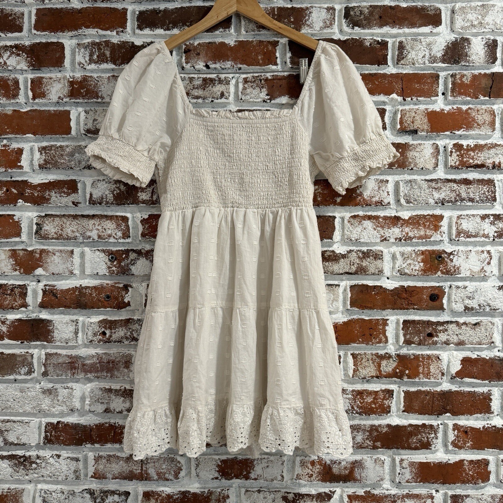 American Eagle White Smocked Eyelet Mini Dress Puff Sleeve Cotton Cream Medium