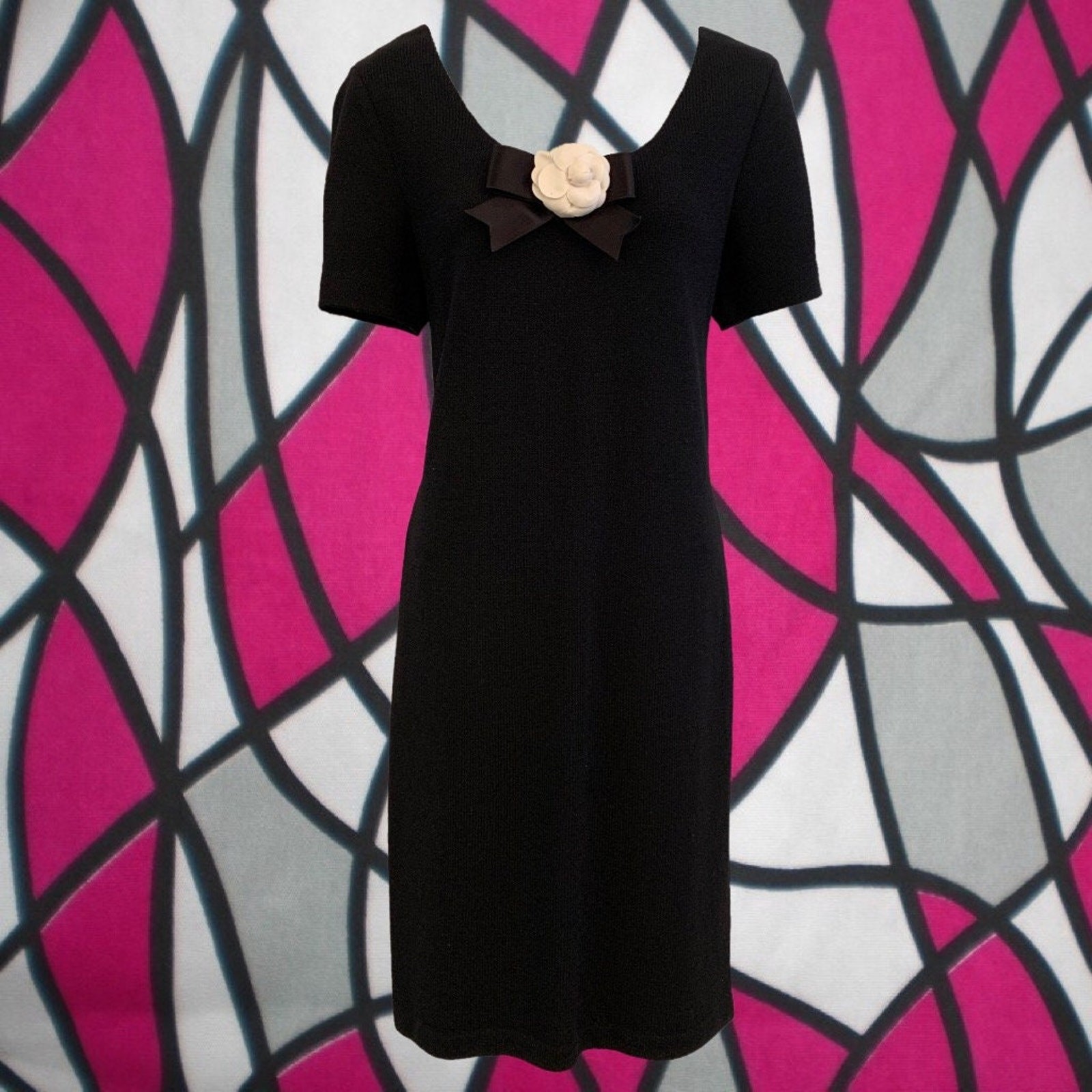 Vintage 80’s St. John Knit Little Black Dress • Removable White Flower & Bow
