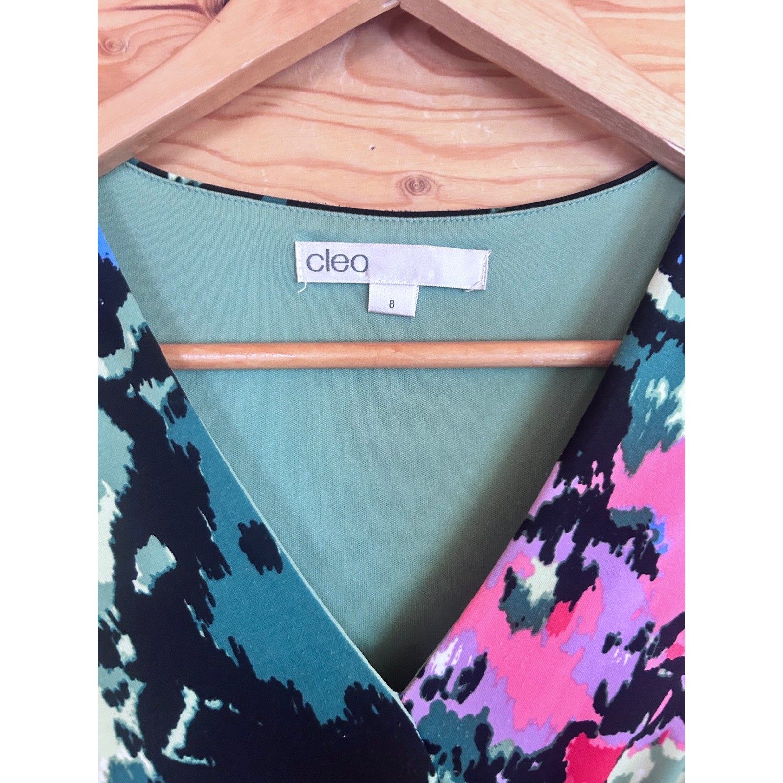 Faux Wrap Dress Womens Size 8 Pink Teal Abstract Floral Watercolor Sheath Cleo