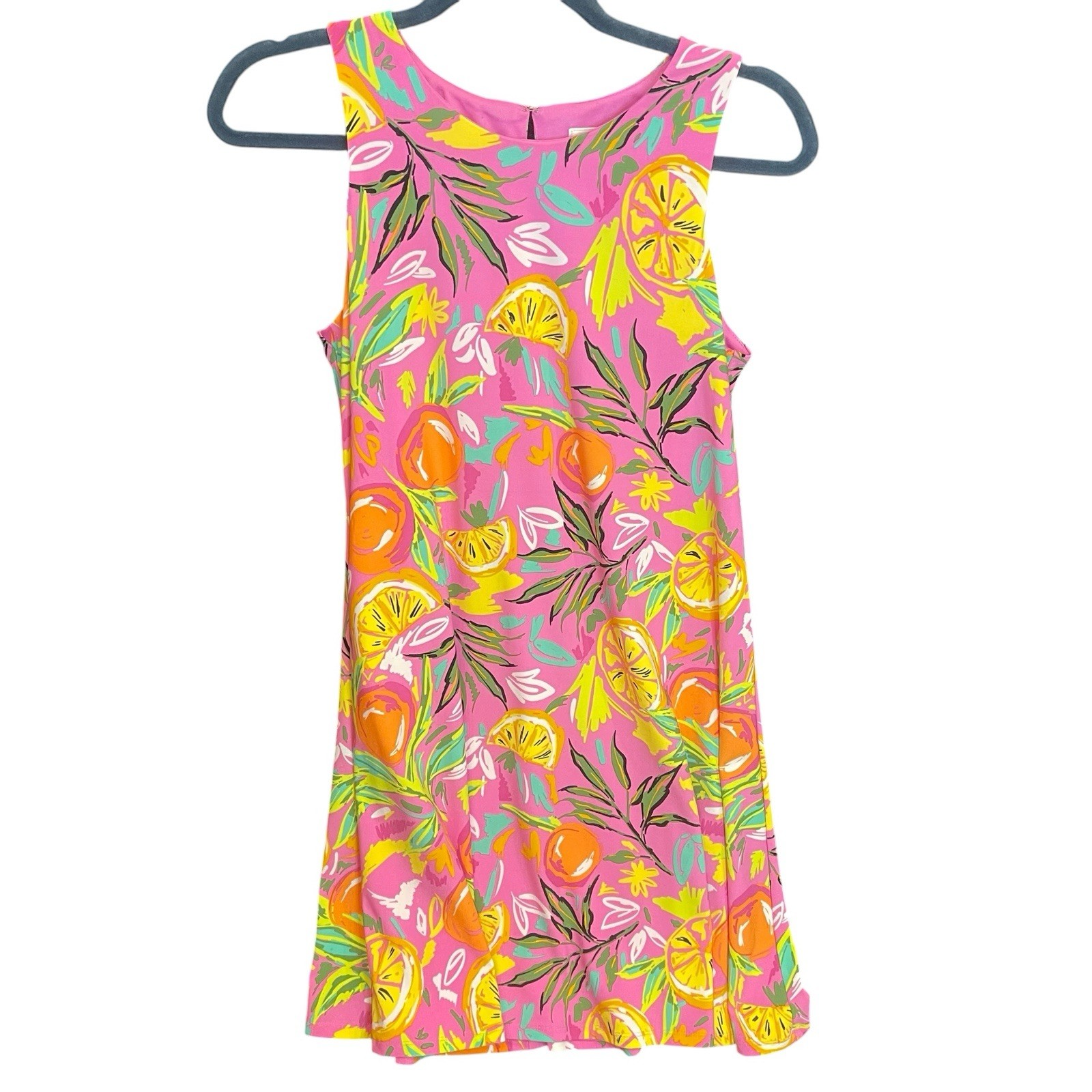 Pappagallo Fun S Pink Tropical Citrus Print A-Line Sleeveless Dress Lined
