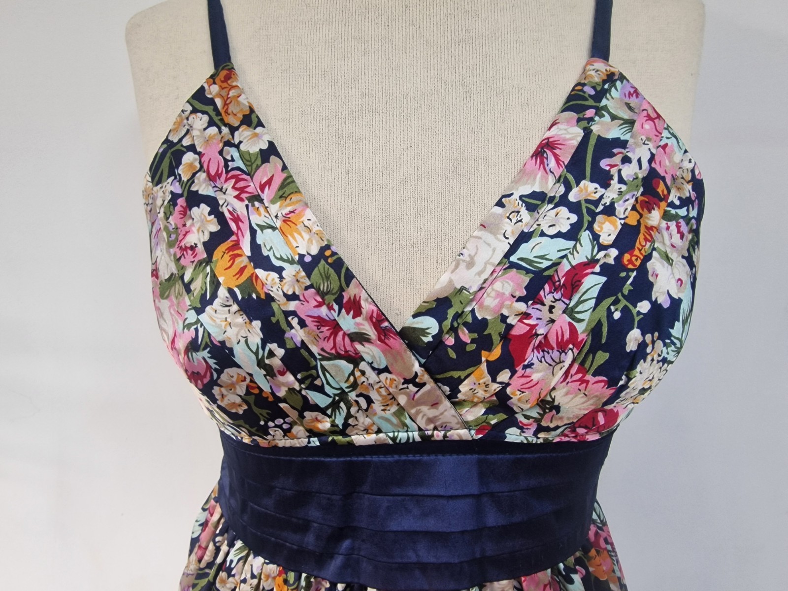 Gorgeous Satin Look Navy Blue Floral Dress Mela Love London Size Medium Occasion