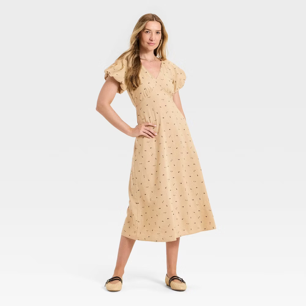 Women Puff Short Sleeve Midi Sundress – Universal Thread Tan Floral M