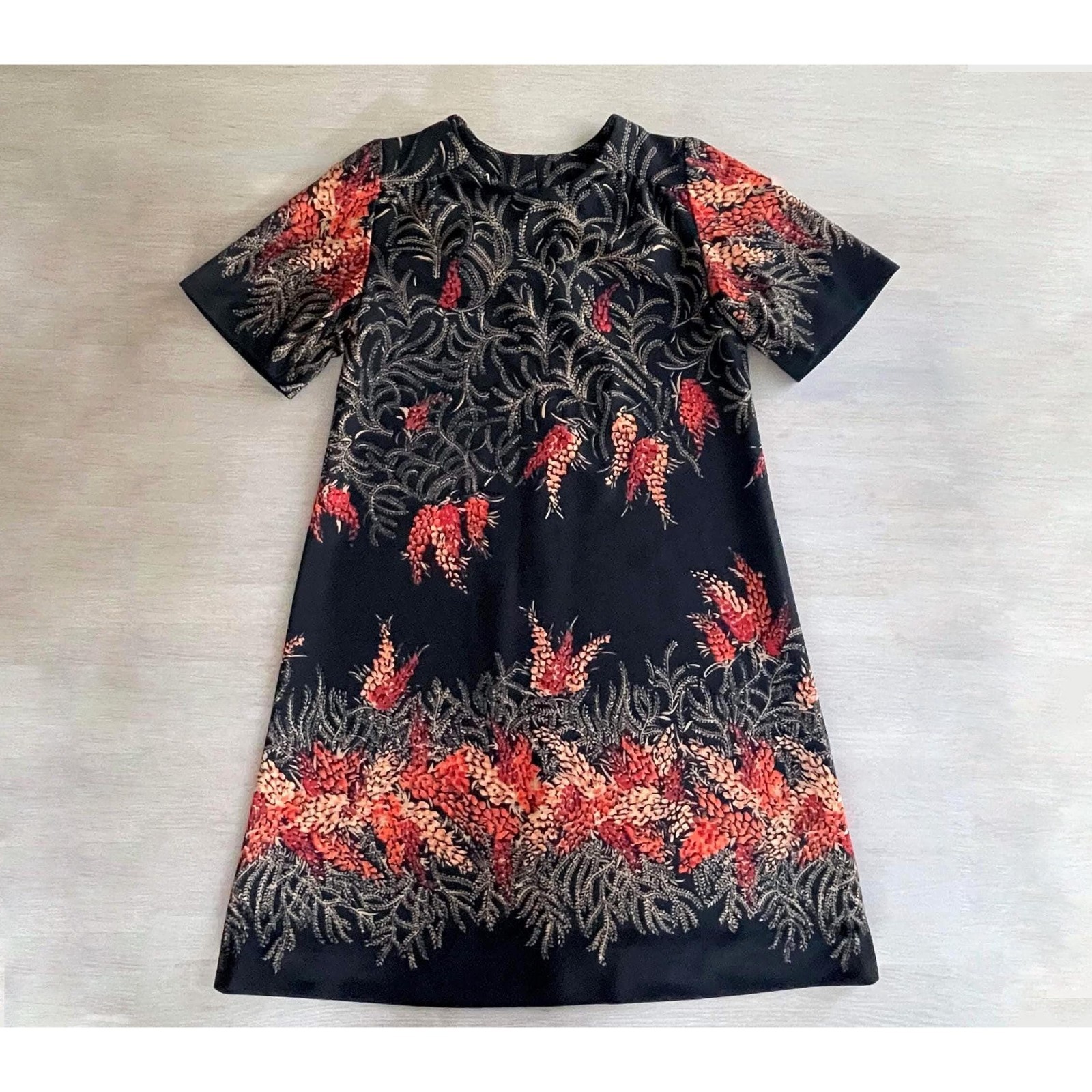 Vintage Modelia Finland Dress: 60s Black A-Line with Red Floral Print