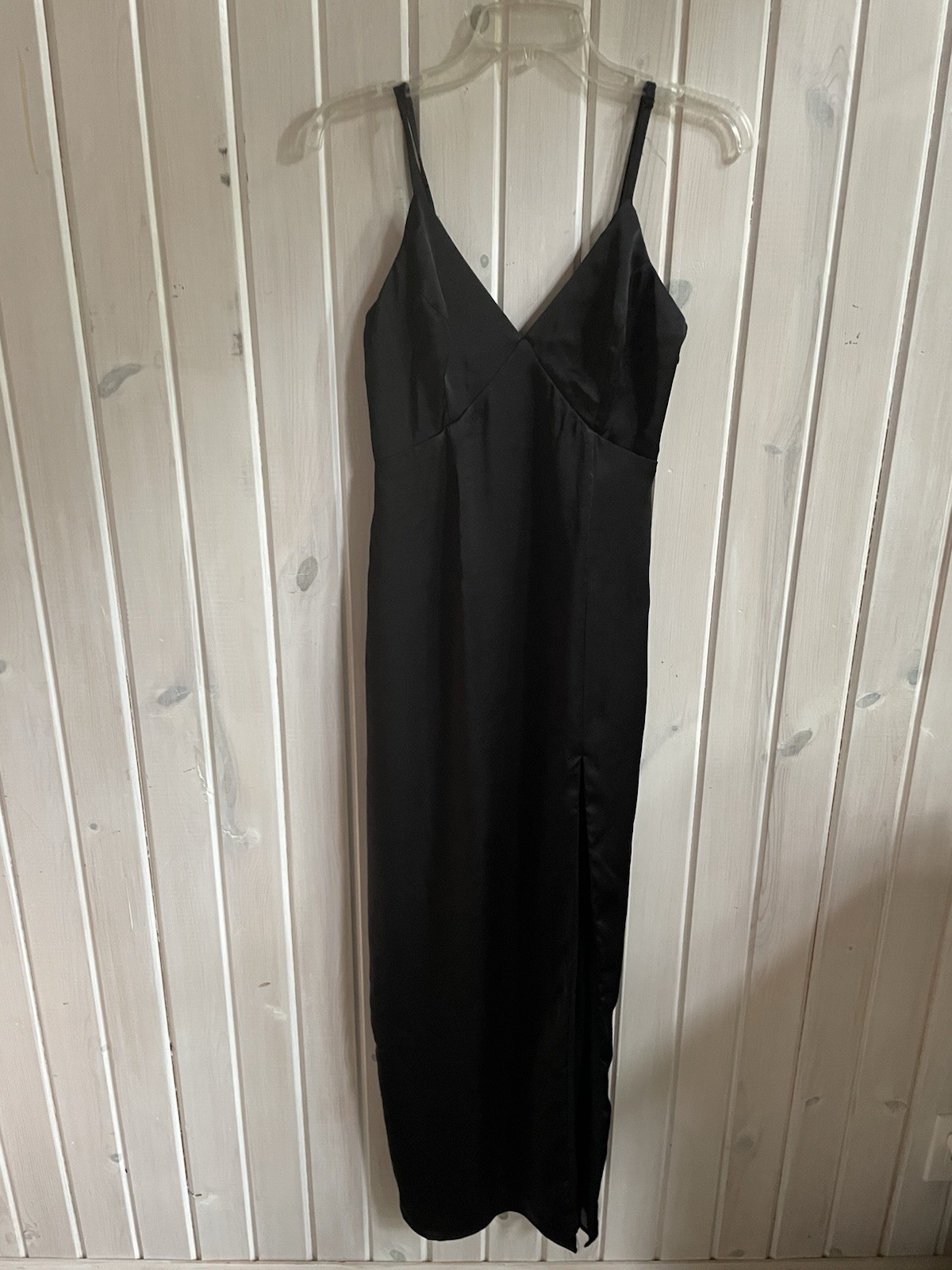 Lulus Maxi Satin Slip Dress S Black Spaghetti Straps Lined Side Thigh High Slit