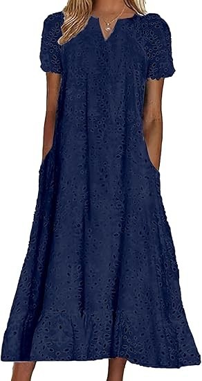 Chouyatou Women s Ruffle Floral Lace Eyelet Dress with Pockets Size L Navy Blue
