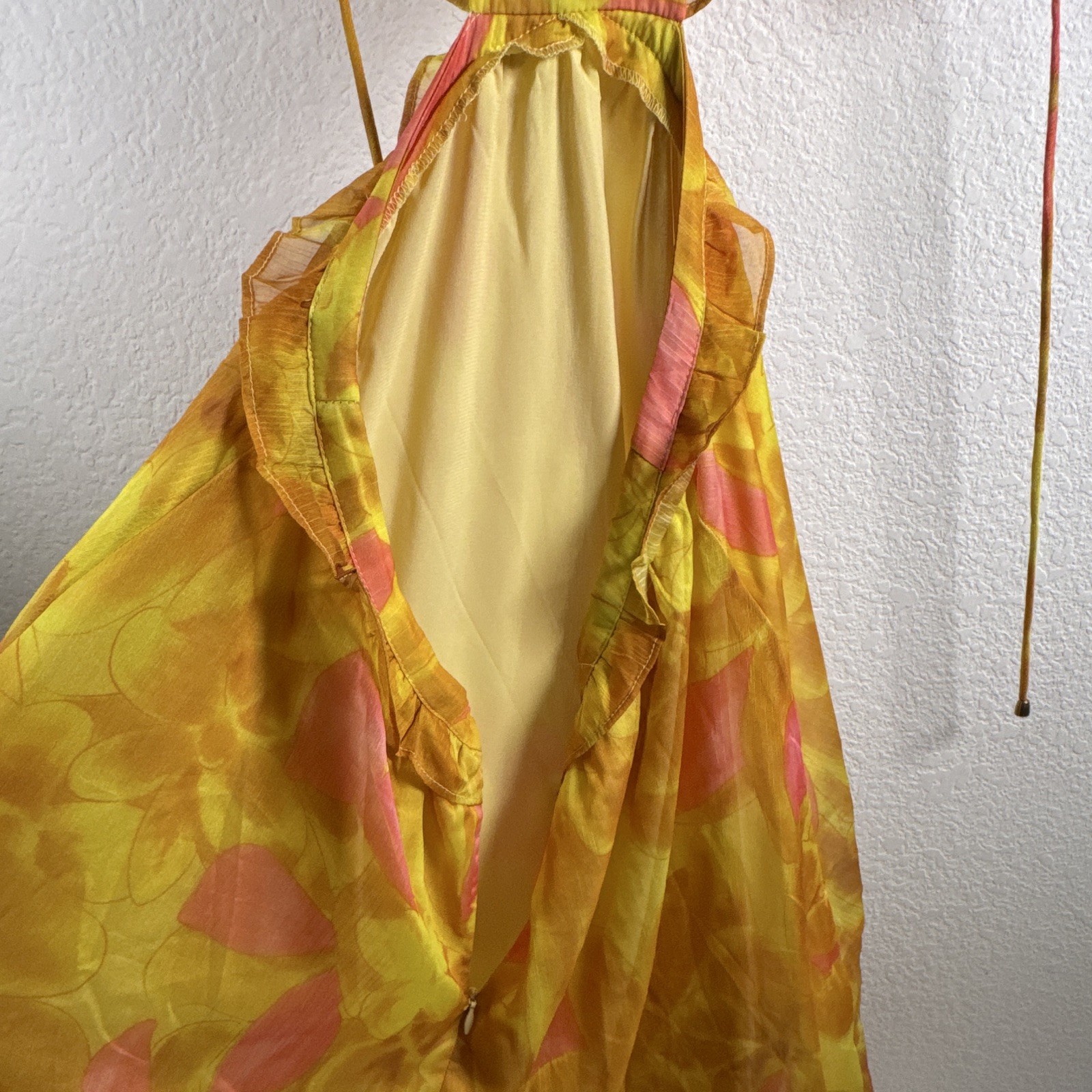 Hello Molly Women’s M Yellow Pink Floral Ruffle Spaghetti Strap Maxi Dress