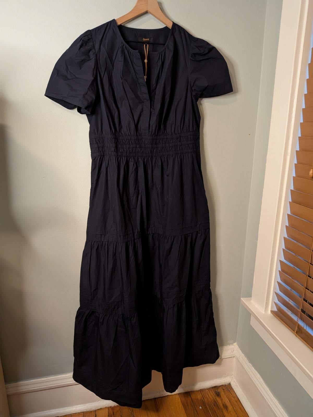 New with Tag Quince Organic Cotton Poplin Tiered Maxi Dress Black Long V-neck