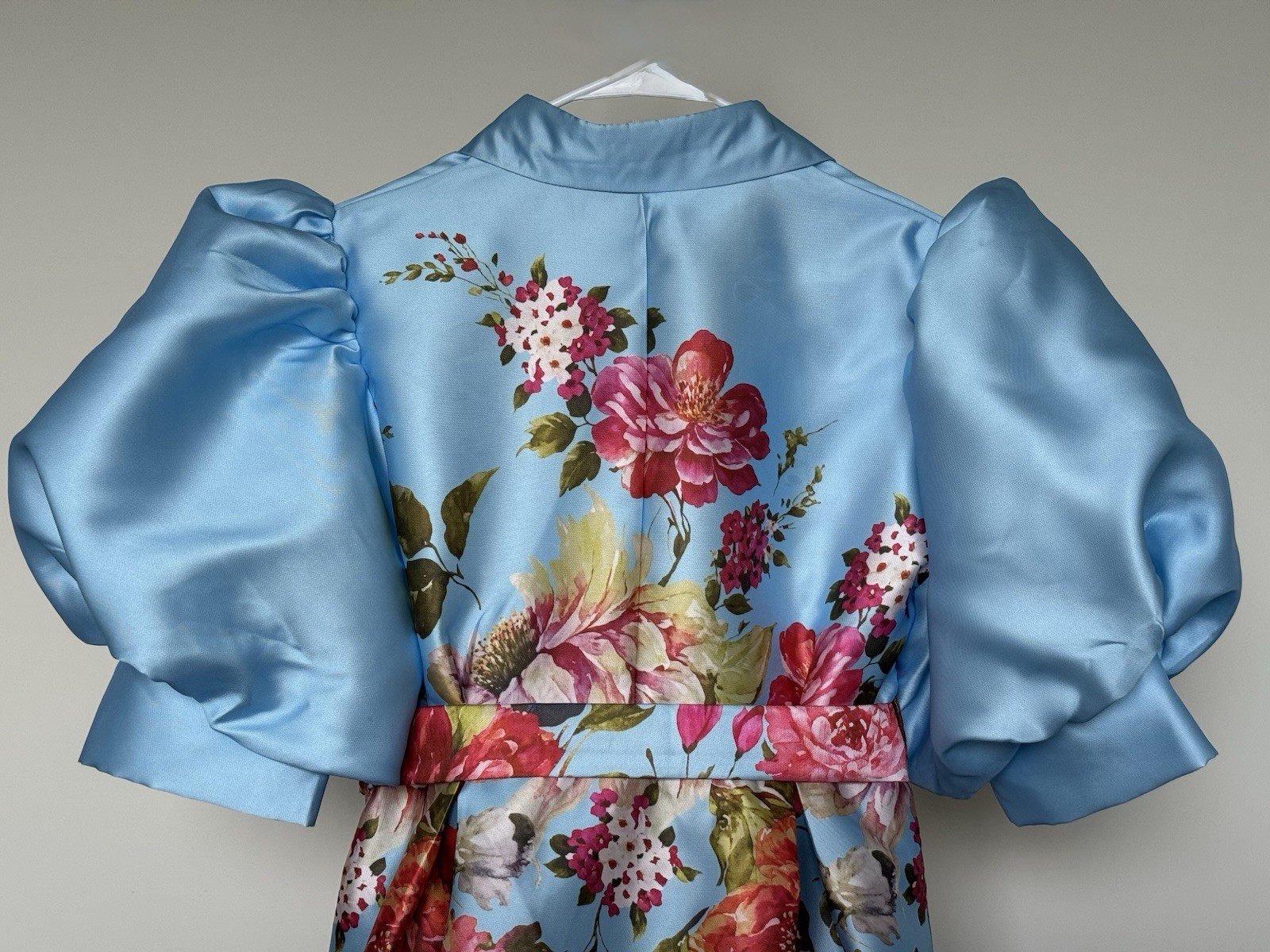 New🌺 Nancy Yang Sky Blue Satin Midi Dress Button Front Puff Sleeves Pockets L
