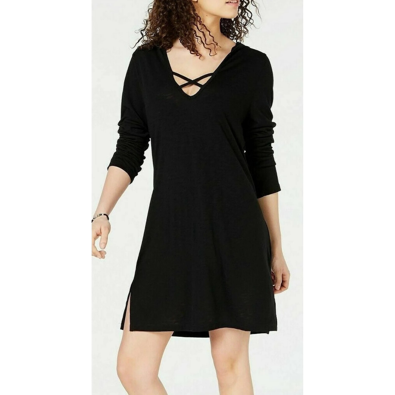 Miken Swim Plus 1X Black Hooded Long Sleeves Cover Up Dress RETAG DG45