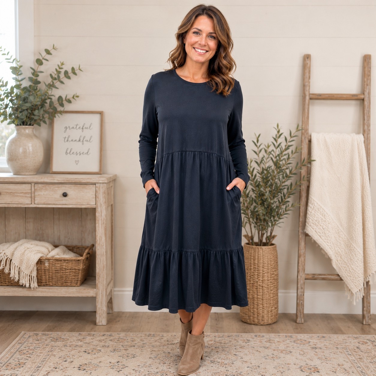 LOGO by Lori Goldstein Blue Midi Dress Size Large Ruffle Hem With Pockets