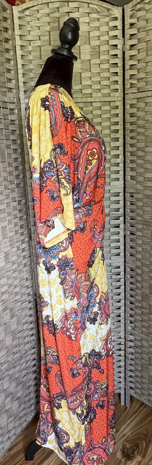 Twist Front Orange Paisley Maxi Dress Boho Kimono Sleeve NEW $79 Venus Women’s M