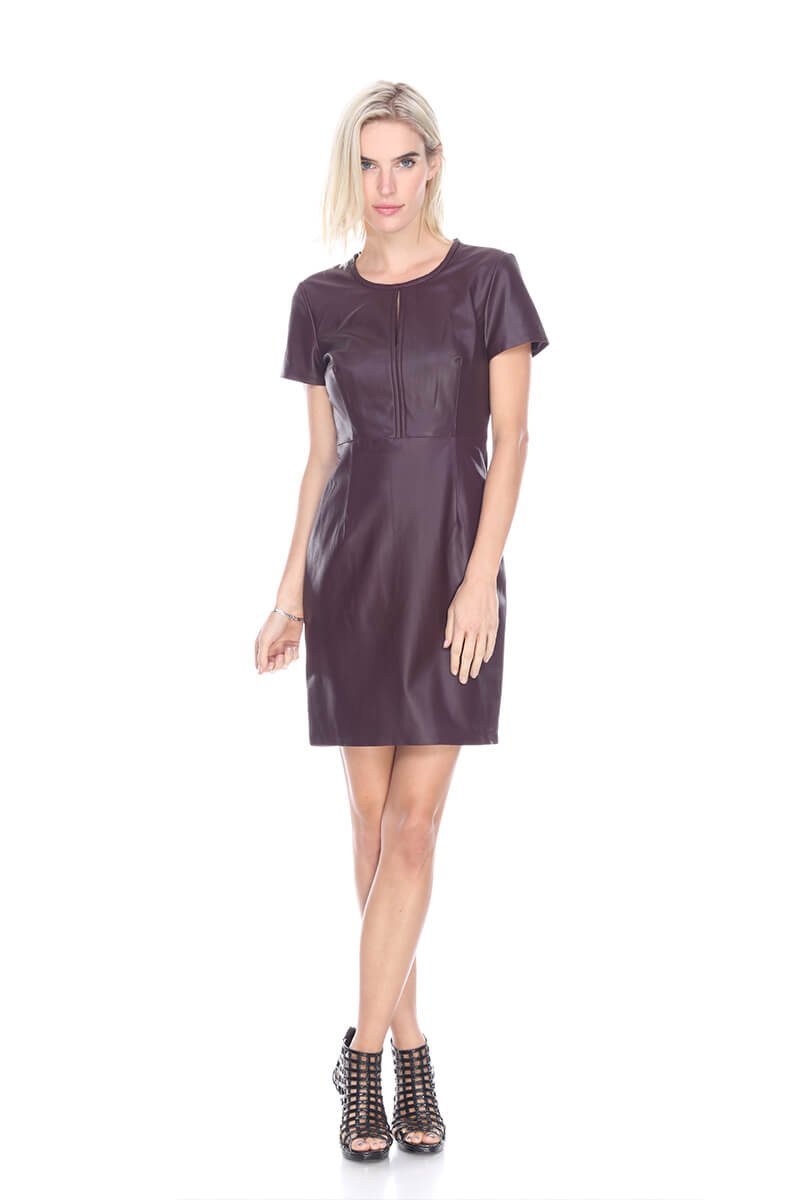 $269 My Tribe Key Hole Leather Ponte Little Black Dress Short Sleeve M Medium