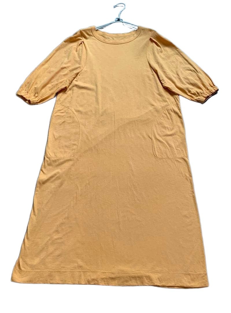 45R Jersey Cotton Short Sleeve Dress Puff Sleeve Orange R Embroidery Used Japan