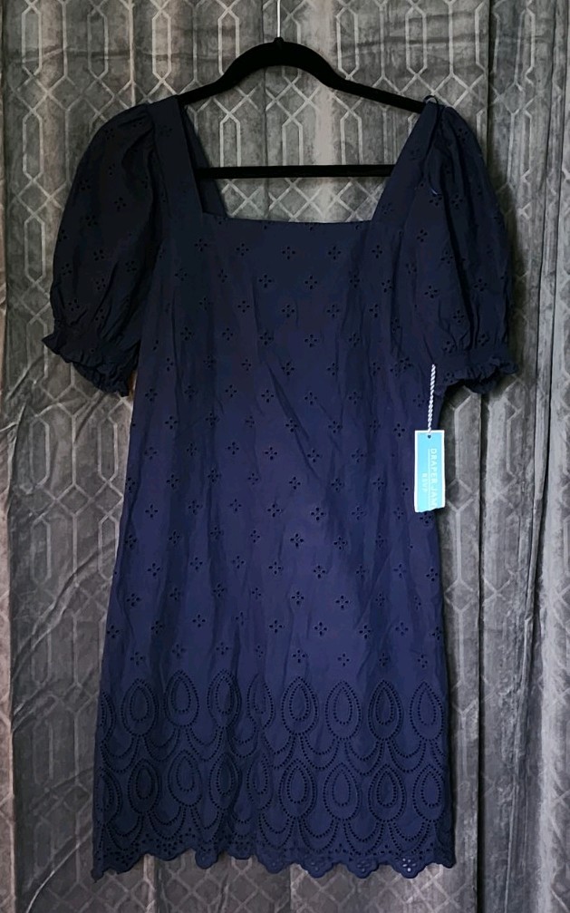 Draper James RSVP Women’s Size S Navy Blue Eyelet A-Line Short Dress Puff Sleeve