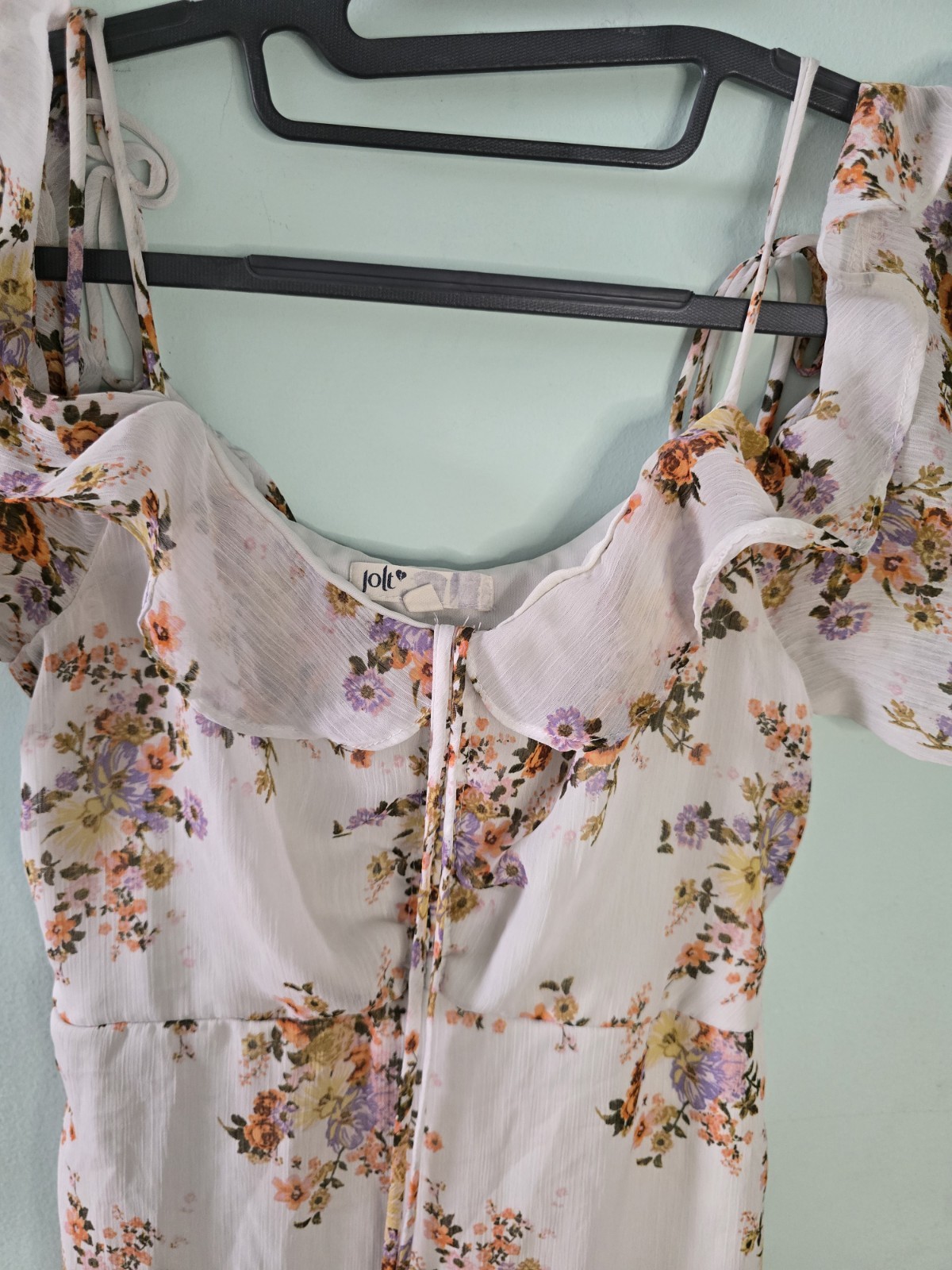 Jolt Cream Floral Ruffle Cold Shoulder Mini Dress,chic,boho,beachy,lined Size S