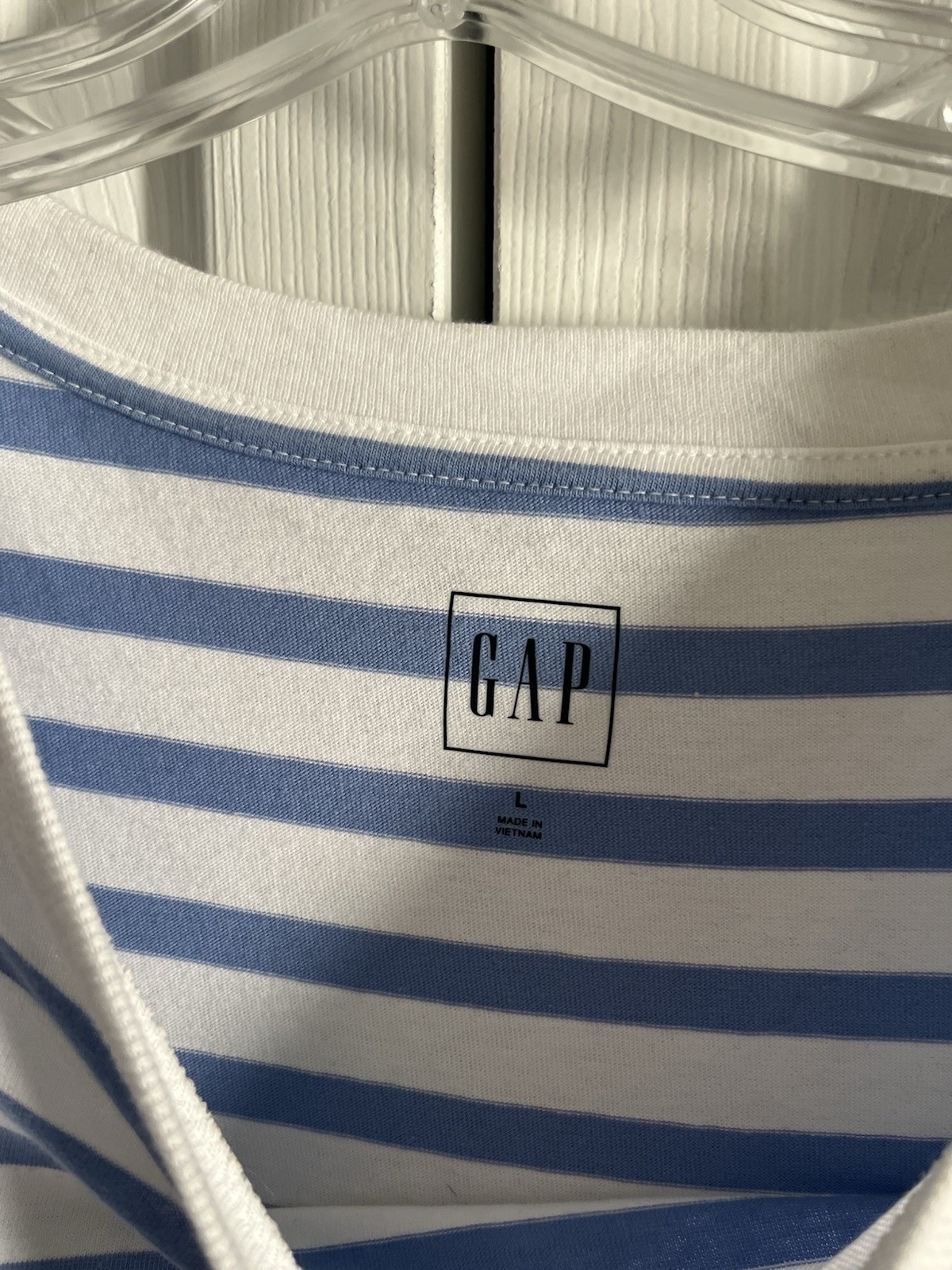 Women’s GAP Blue White Striped Cotton Cuff Sleeve T-Shirt Short Dress Sz L NWOT