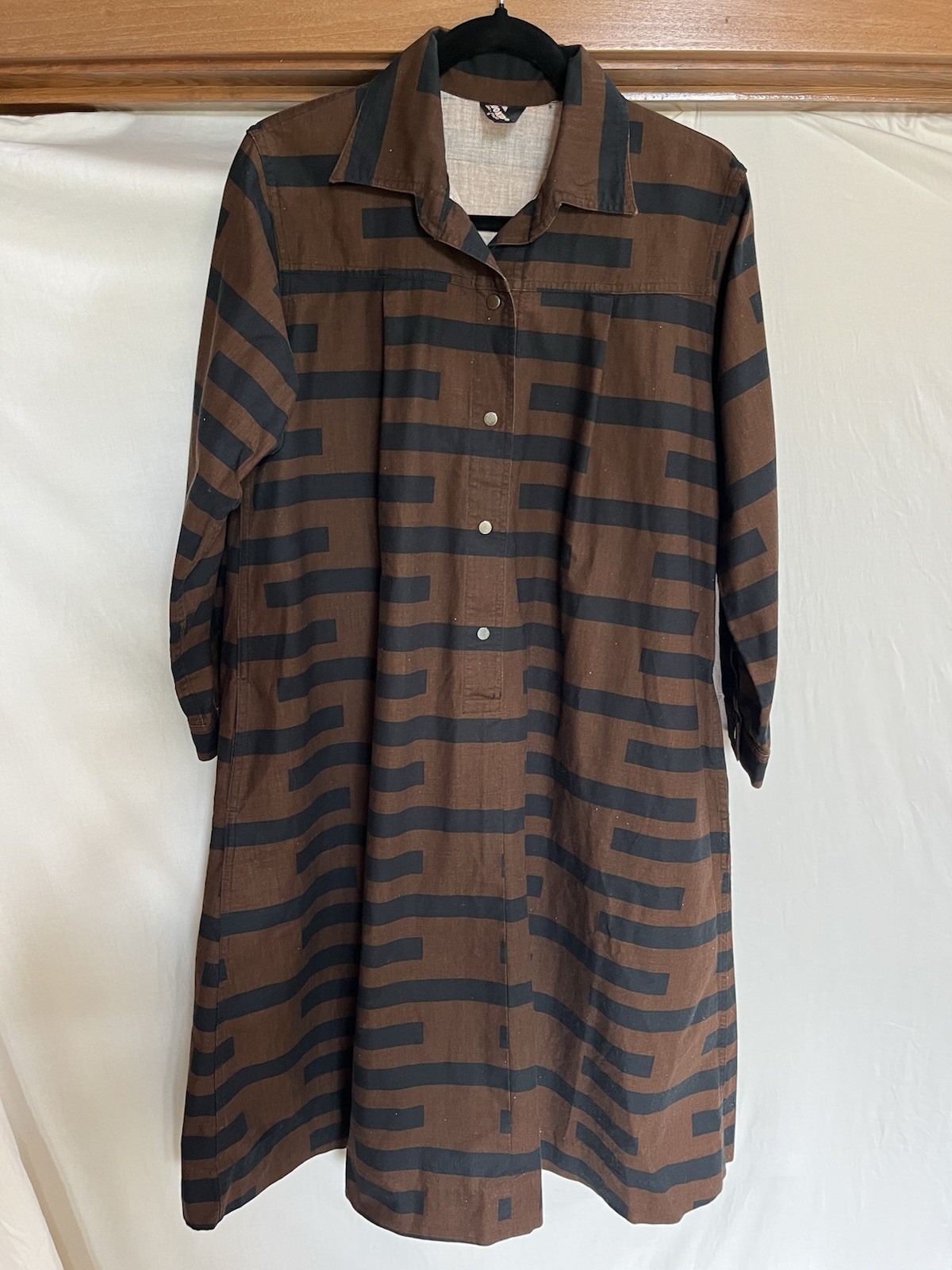 Vintage VUOKKO Supmi-Finland Women’s Brown/Black Striped Midi Shirt Dress S