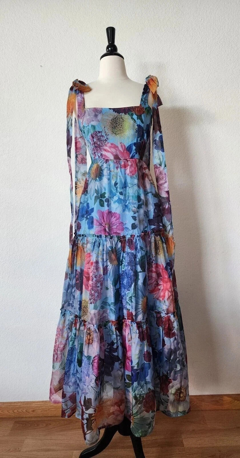 New Anthro Maxi Dress New Size Small Blue Floral Coquette Wedding Formal Prom