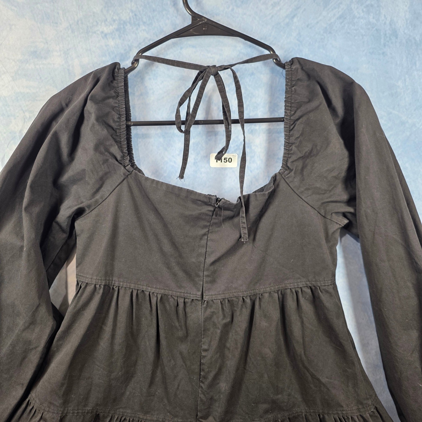 Hyfve Womens Black Tiered Mini Dress Long Balloon Sleeve Square Neck Babydoll M
