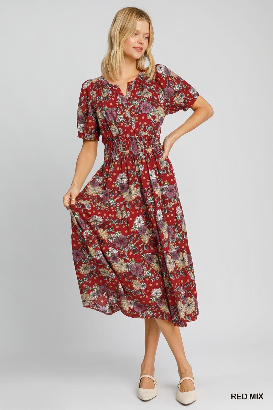 Umgee Deep Red Floral Dress w/V-Neck , Tiered Maxi Dress Short Puff Sleeves