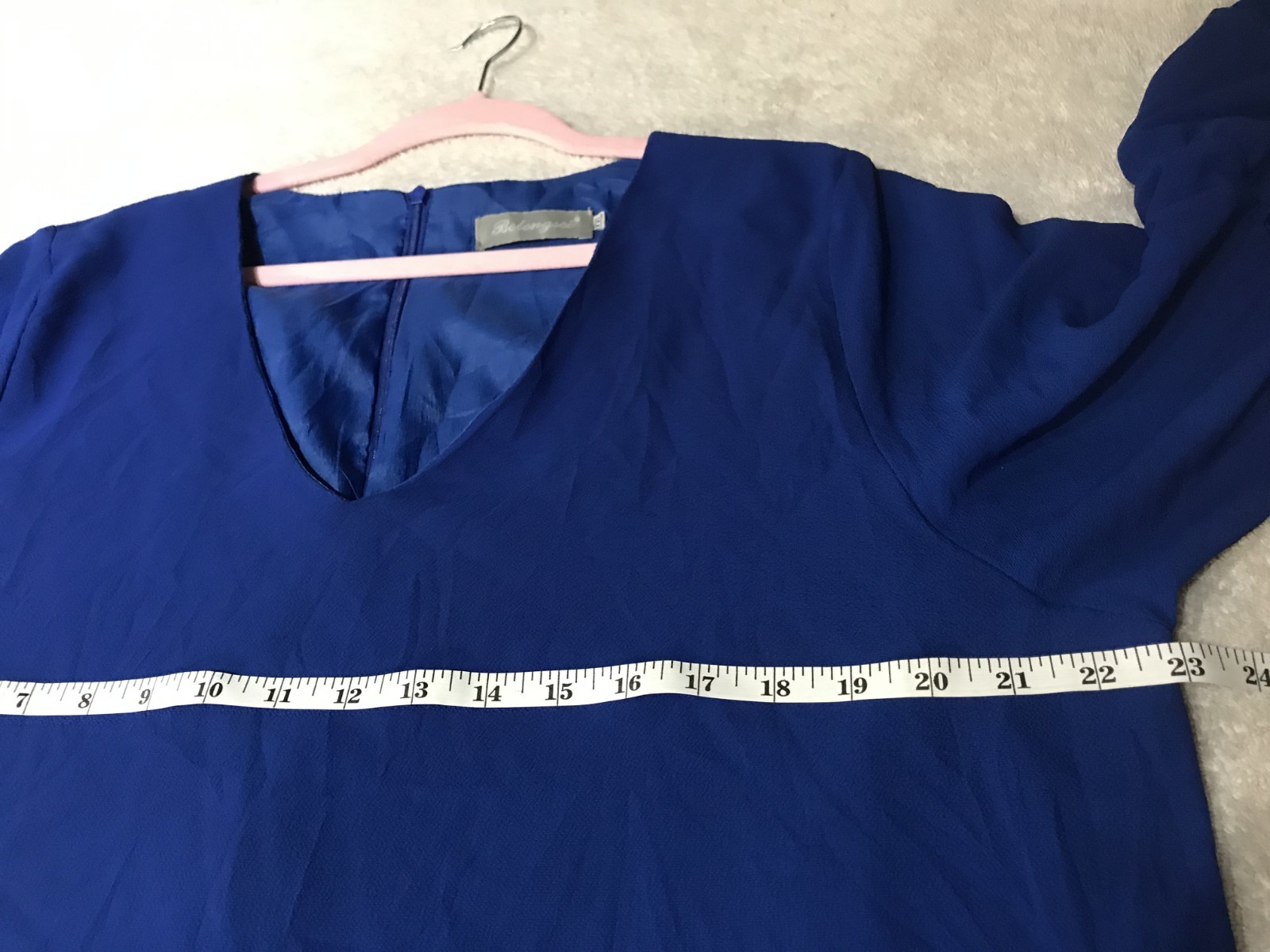 Belongsci, Women Plus XXL/2X, Blue Sheer Ruffle 3/4Sleeve Back-Zip Shift Dress