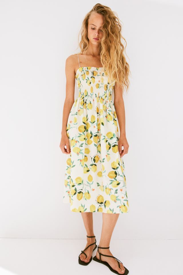 NWT H&M Lemon Printed Smocked-bodice 100% Cotton Strappy Midi Dress Sz S, M, L