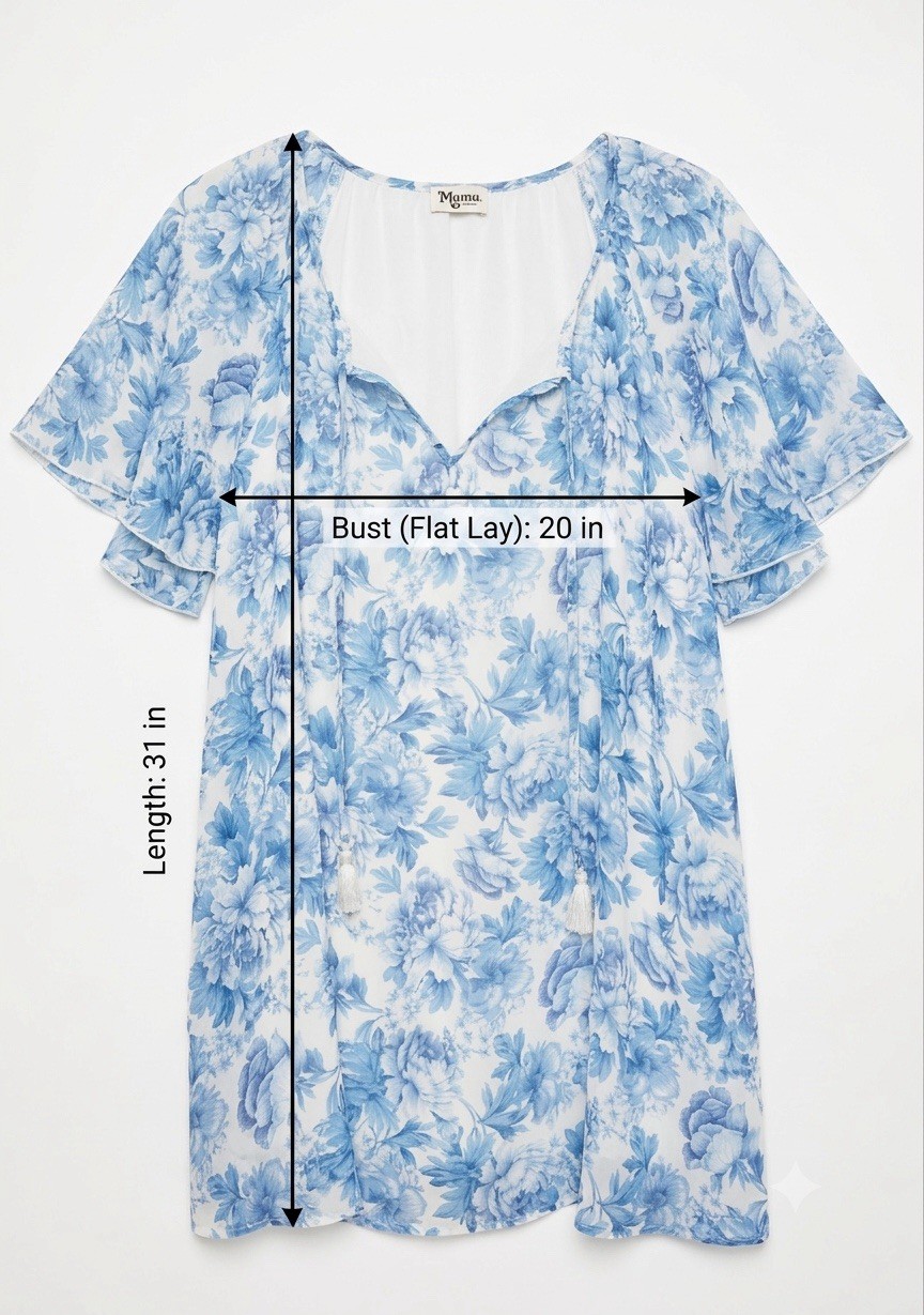 Show Me Your Mumu Blue White Floral Flutter Sleeve Mini Dress Tassel Boho Small