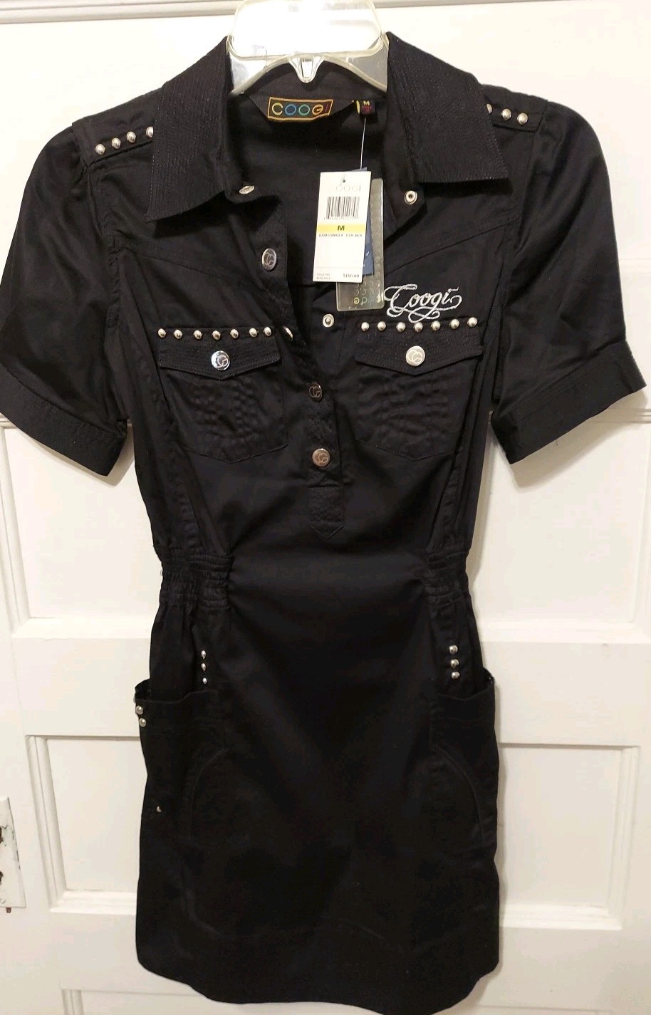 Nwts $107 Coogi Junior Size Medium Black Studded Snap Front Short Sleeve Dress