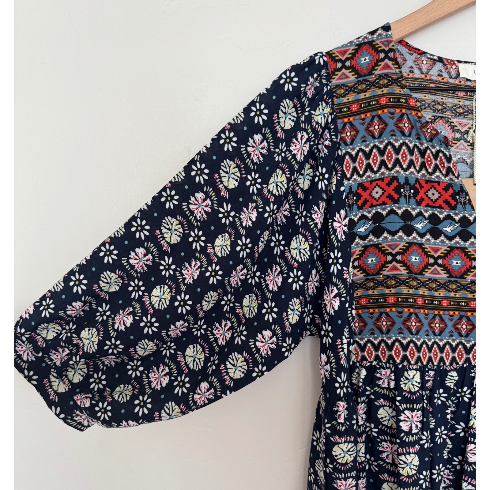NWT Umgee USA Boho Aztec Mixed Print Mini Dress Navy Blue Floral Babydoll Size M