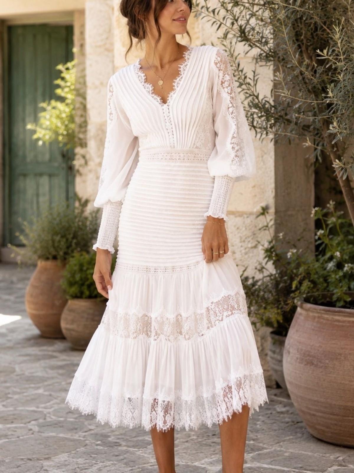Tadashi Shoji Nyssa Lace Bishop Sleeve Midi Tea Length Dress Off White/Petal
