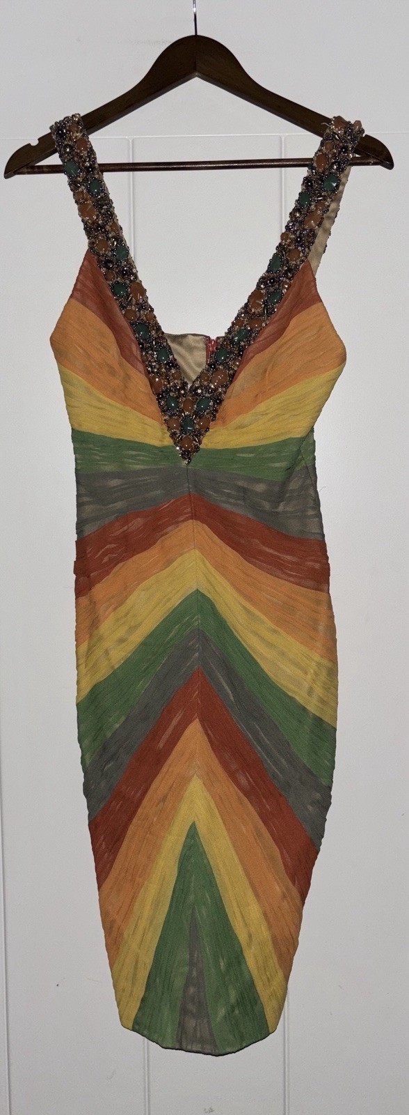 MANDALAY Privee Rainbow Stone Beaded Pleated Silk Elegant Cocktail Dress Women 6