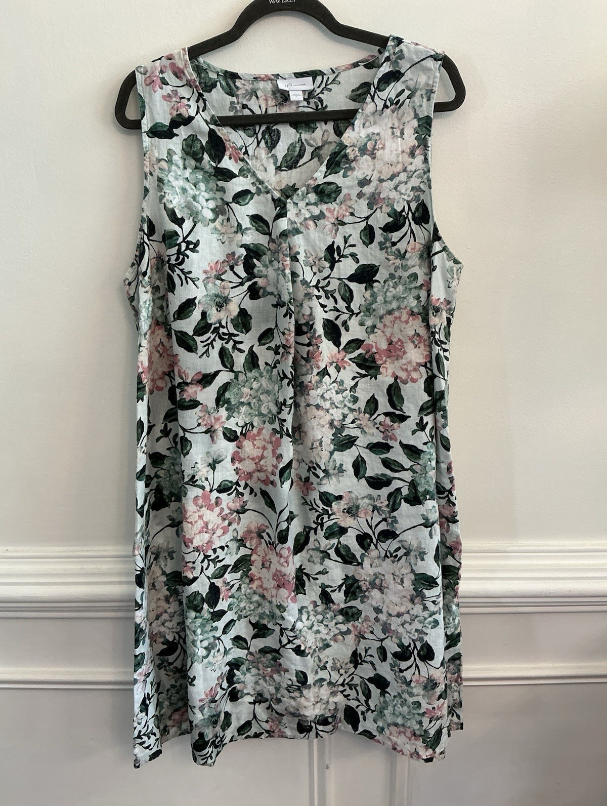 J. Jill Love Linen Shift Dress XL White Green Pink Floral Woven V-Neck Pleated