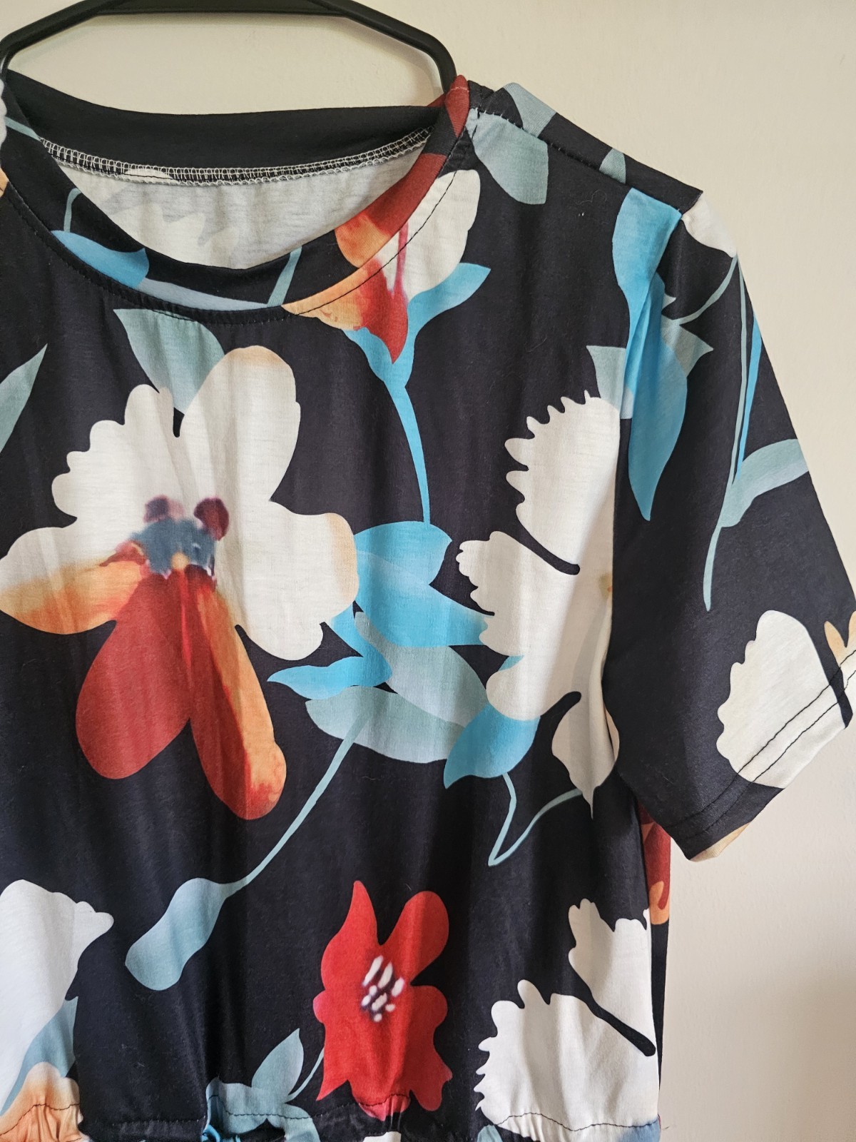 Black Floral T-Shirt Dress Short Sleeve Round Neck Drawstring Waist Pockets S