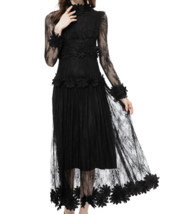 Women’s 2024 French lace embroidery mesh perspective Splicing grace long dress