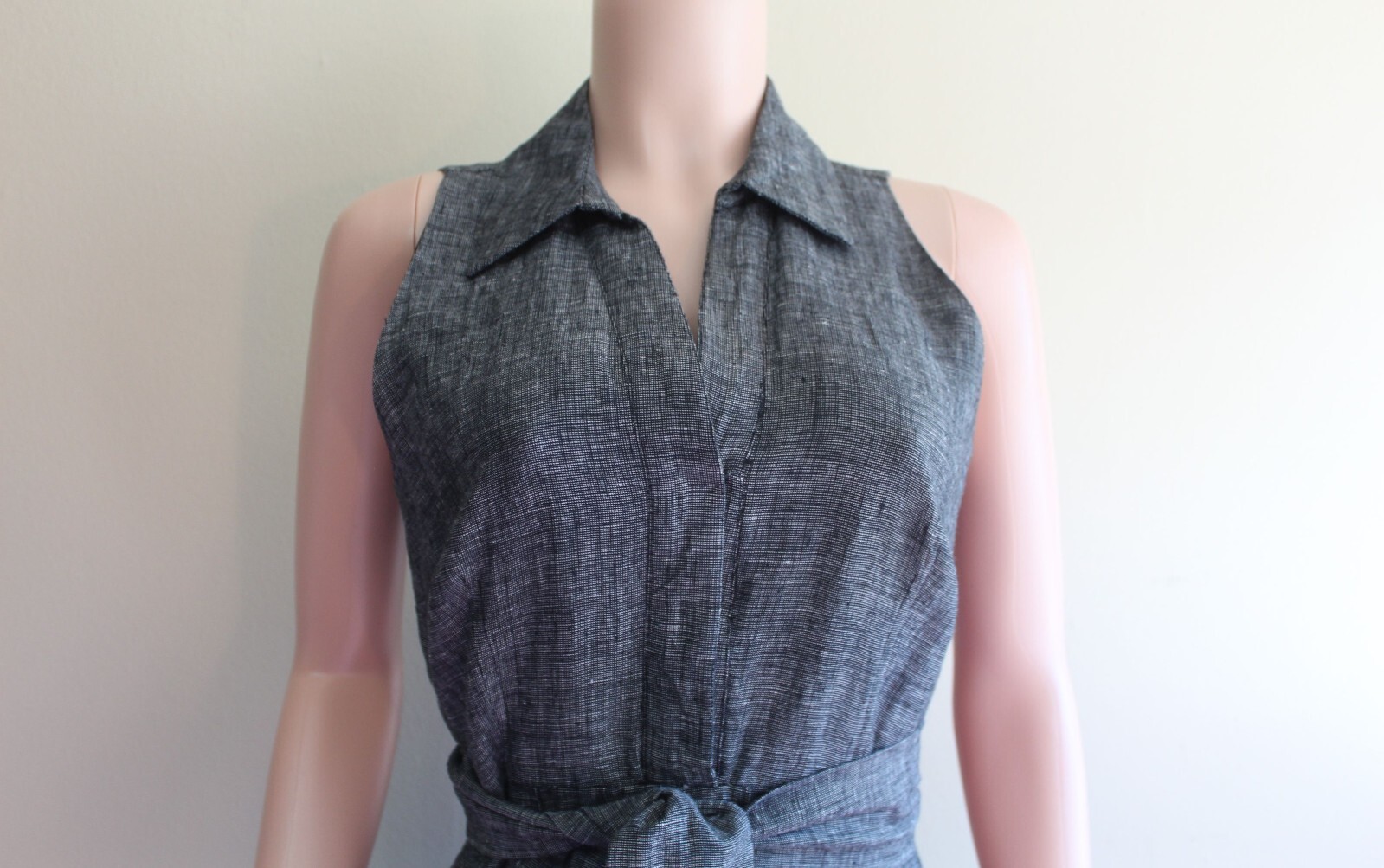 Carole Little 6 S Fit Flare Dress Gray Linen Retro 50s Sleeveless Tie Waist