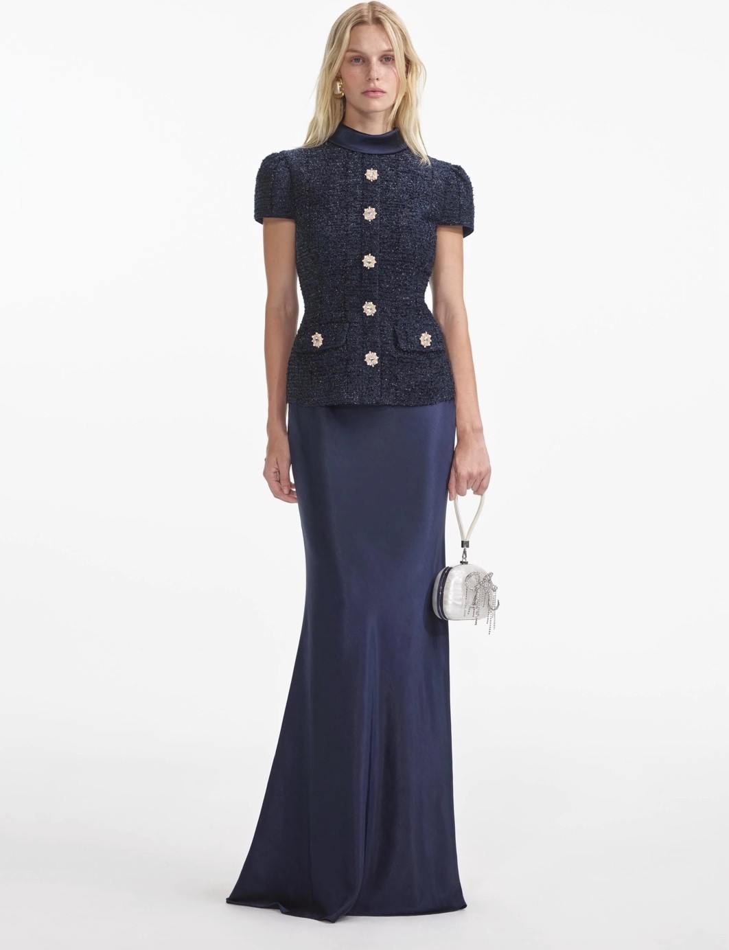 Self-Portrait Navy Metallic Boucle Maxi Dress