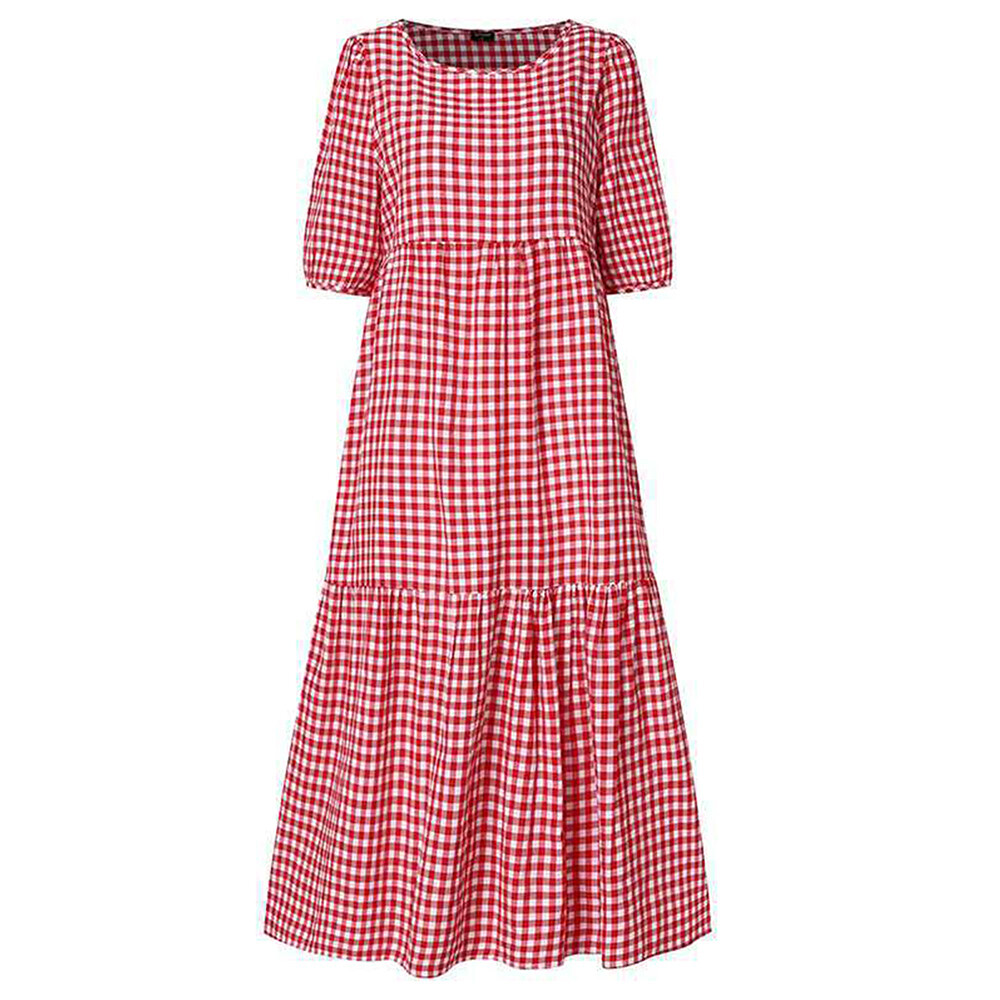 Womens Boho Plaid A-Line Midi Dress Ladies Pleated Loose Holiday Beach Sundress