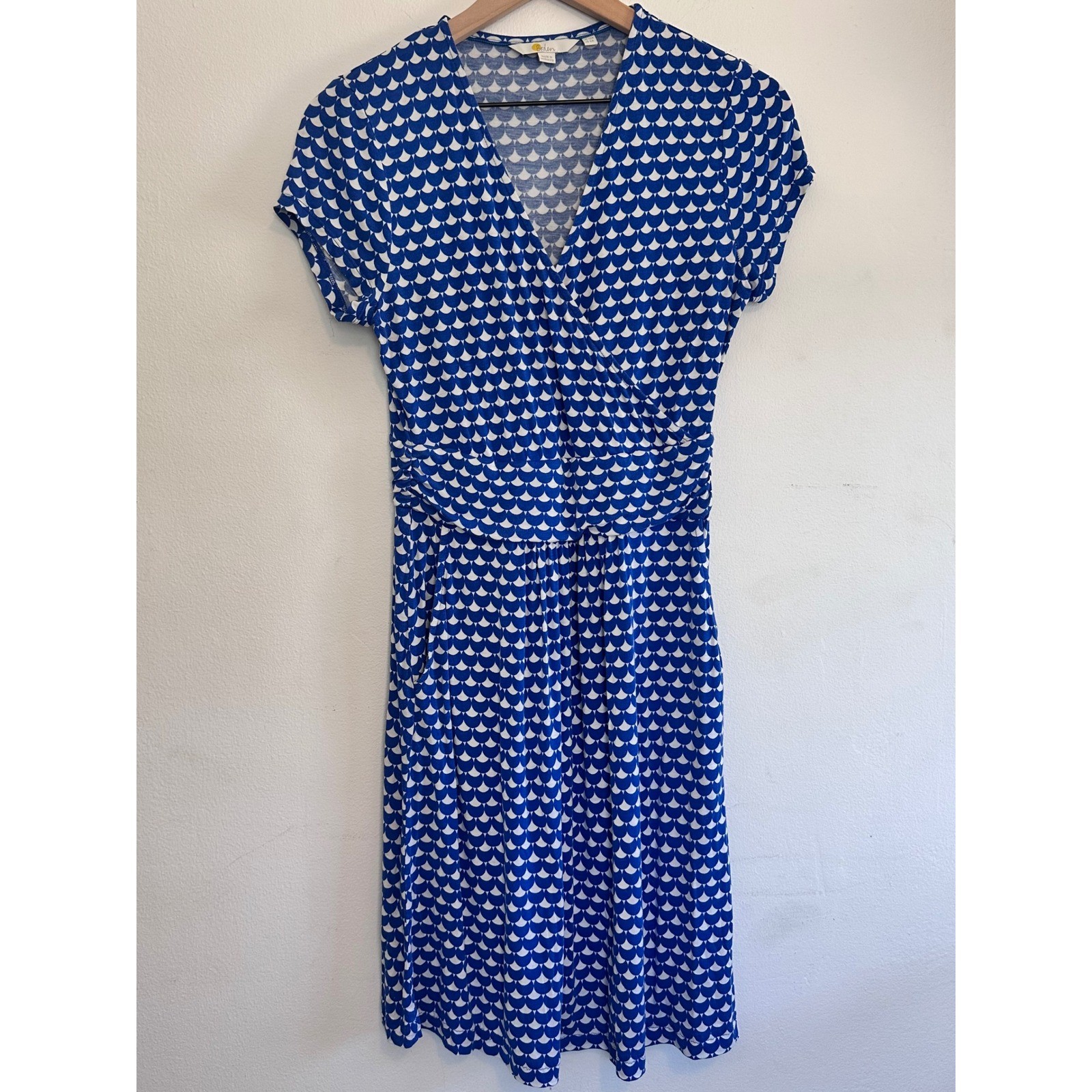 Boden Lola Scallop Print Faux Wrap Jersey Dress Coastal Preppy Vintage Chic