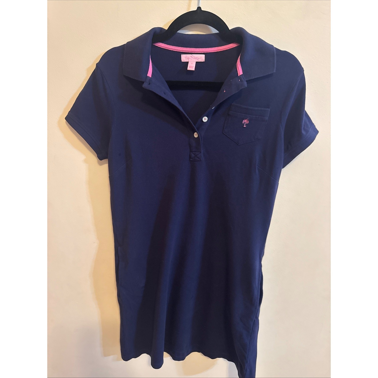 Lilly Pulitzer Navy Blue Polo Dress S Pink Palm Tree Logo Pique Mini Shrt Sleeve