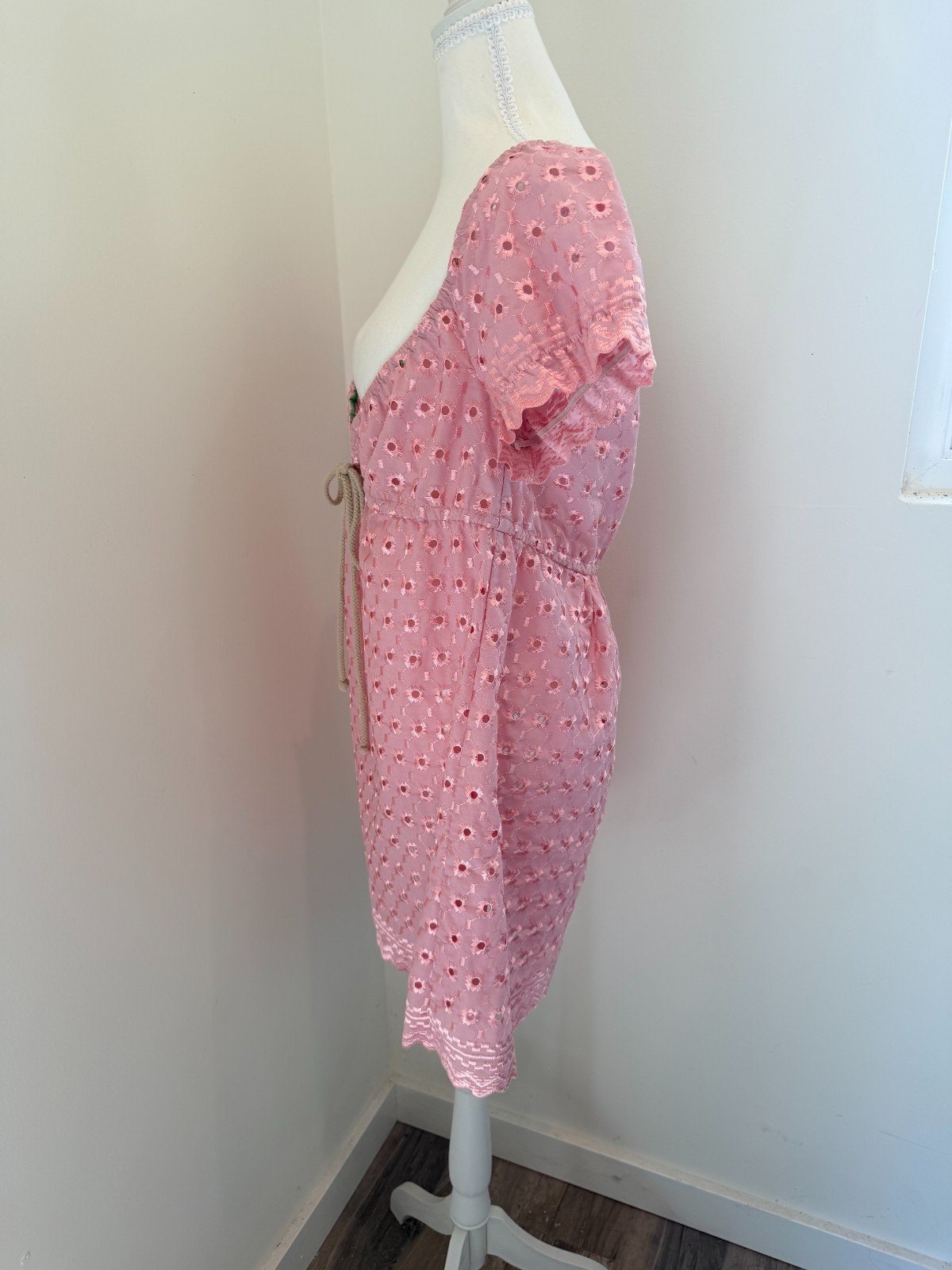 Le Shack Tracy Feith Pink Cotton Eyelet Lace Milkmaid Mini Dress Boho Coquette 2