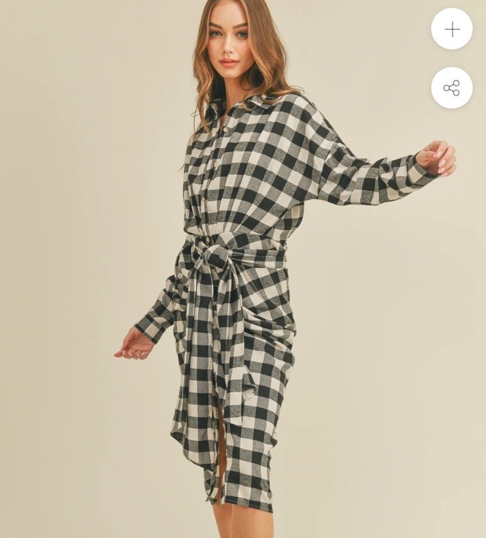 Mable Haeri Flannel Button Down Shirt Midi Dress Women Size Medium Black White